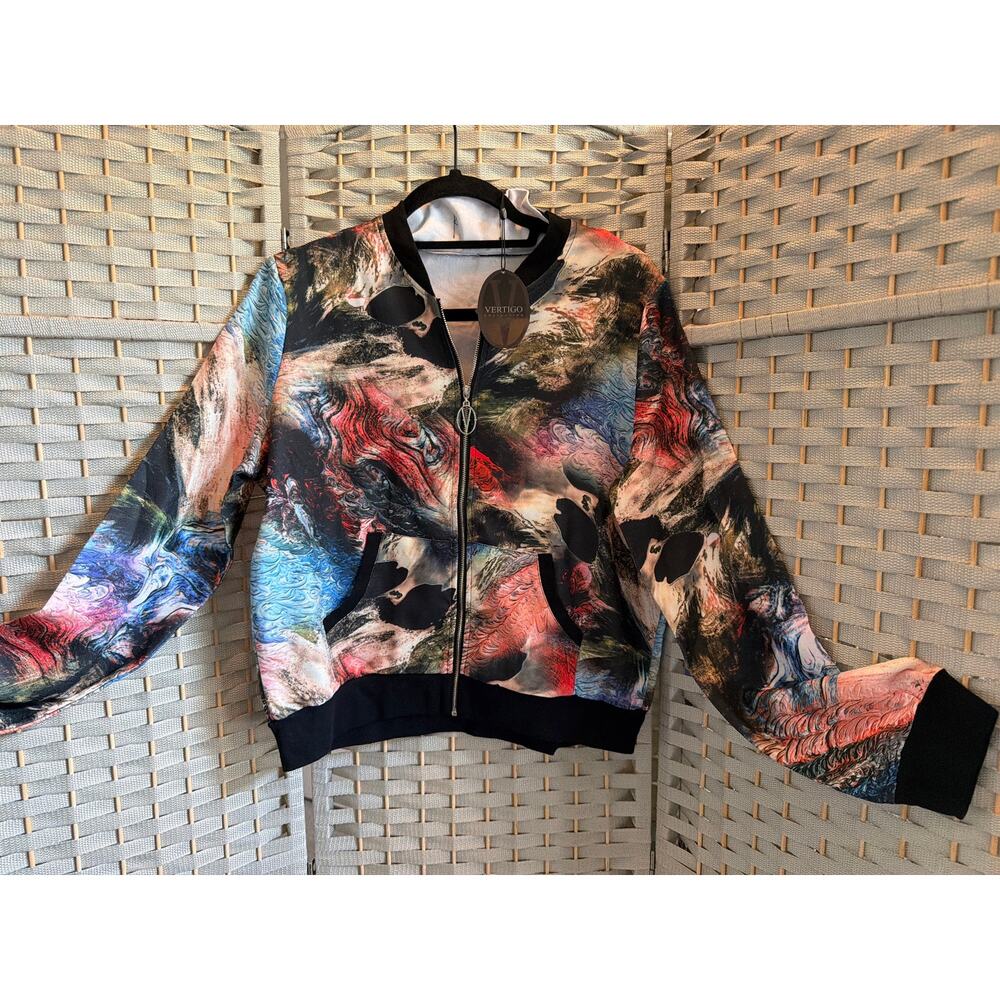 Vertigo Collection Bomber Jacket Abstract Print XS Zip Front Long Sleeve NWT
